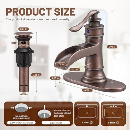 Bathroom Sink Faucet Waterfall Bath Faucets & Parts with Pop Up Drain Stopper Copper Farmhouse Antique Vanity Single Handle Single Hole Commercial Rustic Supply Lines Hose by Bathfinesse