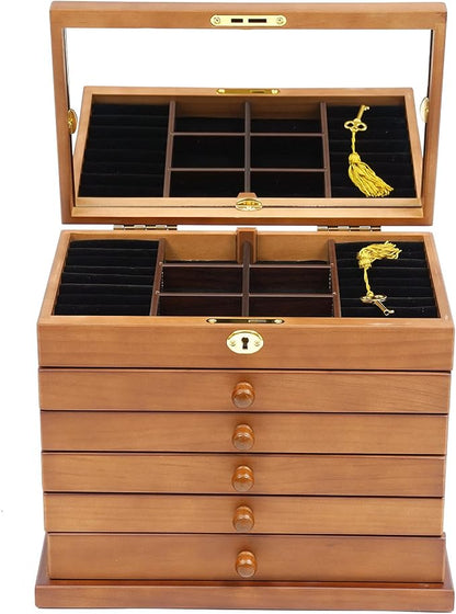 Large Wooden Jewelry Box for Women, Classic 6-layer Jewelry Storage Organizer with Mirror and Lock for Watches, Necklace, Ring (Brown)