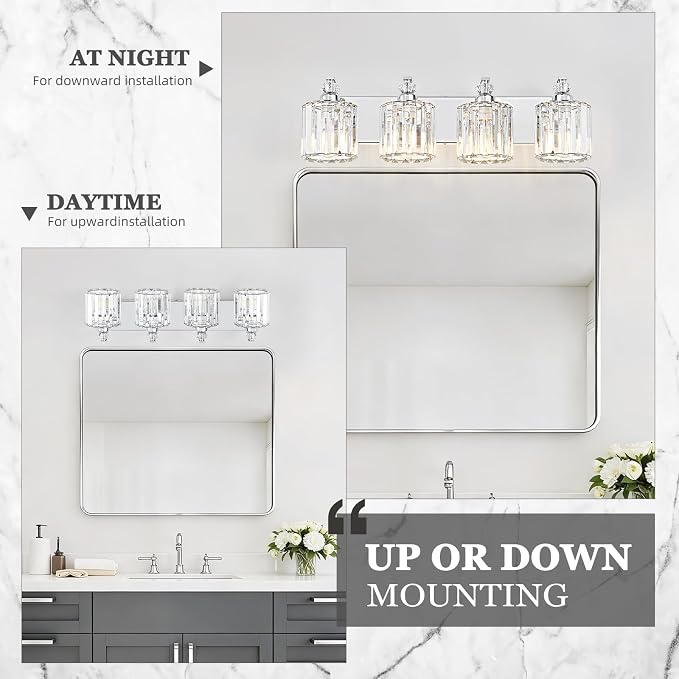 4-Light Modern Bathroom Light Fixture Chrome Vanity Lights Over Mirror Wall Sconce Lighting with K9 Crystal Shades Bathroom Wall Lamp E26 Base for Bedroom, Living Room, Hallway, Cabinet