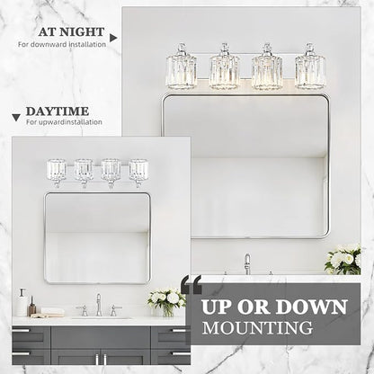 4-Light Modern Bathroom Light Fixture Chrome Vanity Lights Over Mirror Wall Sconce Lighting with K9 Crystal Shades Bathroom Wall Lamp E26 Base for Bedroom, Living Room, Hallway, Cabinet