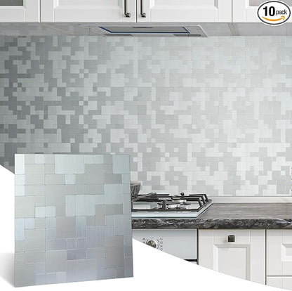 DICOFUN Metal Peel and Stick Tile Backsplash, Stainless Steel Kitchen Metal Backsplash Tile, Stick on Backsplash for Kitchen (10)