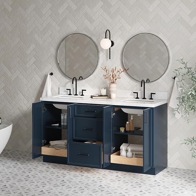 ARIEL Kelly 66-inch Bathroom Vanity with Sink,Solid Wood, 1.5-inch Carrara White Quartz Countertop, Double Rectangular Porcelain Sink, 4 Soft Closing Doors, 5 Dovetail Drawers, Midnight Blue