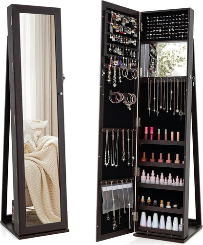 COSTWAY Standing Jewelry Cabinet, Large Capacity Jewelry Organizer w/Full-Length Mirror & Rear Storage Shelves, Lockable Mirror Jewelry Armoire with Keys for Girls Women (Espresso)