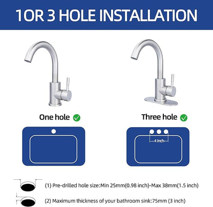 Brushed Nickel Bathroom Sink Faucet - Single Hole, Modern Single Handle Commercial Stainless Steel Bar Faucet with Drain