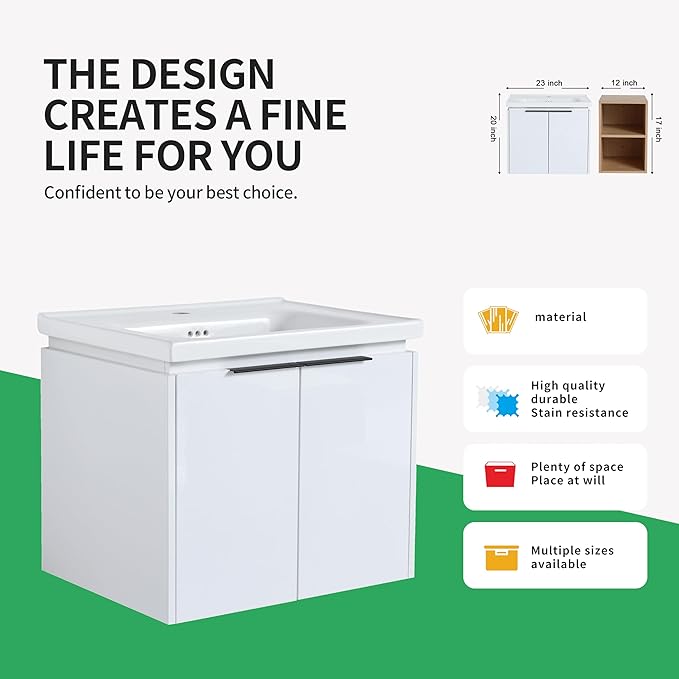 24 Inch Bathroom Vanity with Sink,Wall Mounted Bathroom Vanity Sink Combo with Soft Close Doors for Small Space,Modern Floating Bathroom Vanity with Top Basin & Storage Cabinet,White