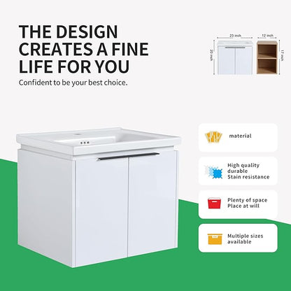 24 Inch Bathroom Vanity with Sink,Wall Mounted Bathroom Vanity Sink Combo with Soft Close Doors for Small Space,Modern Floating Bathroom Vanity with Top Basin & Storage Cabinet,White