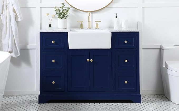 48" Pre-Assembled Bathroom Vanity with Sink, Solid Birch and MDF, Carrara White Marble Countertop Attached, Single Rectangle Porcelain Sink, 6 Soft-Close Drawers, Blue
