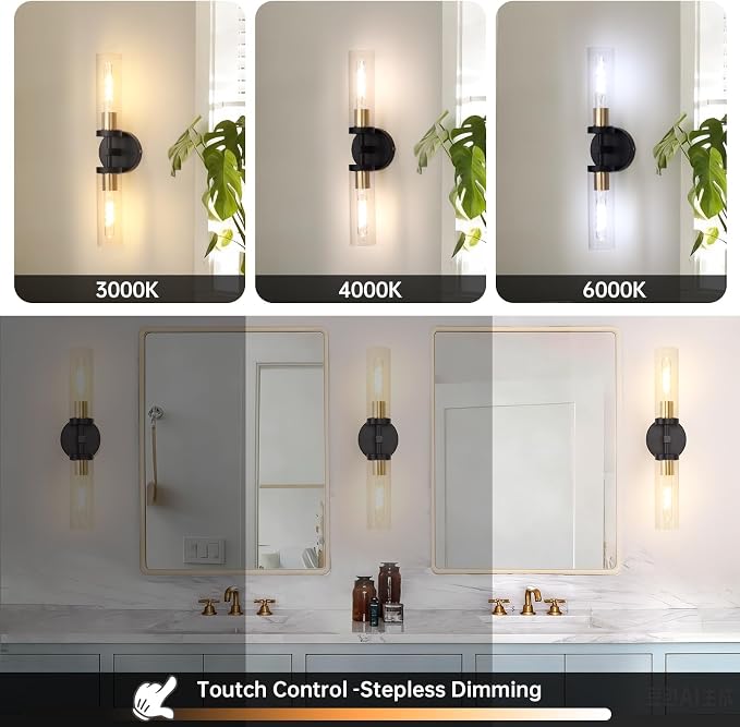 Shenmoyl Set of 2 Wall Sconces, 7800 mAh Battery Operated Wall Sconce with 3 Colors & Remote Control, Black Gold Rechargeable Wall Lamp with Clear Glass Shade for Bedroom, Bathroom, Stairwell, Hallway