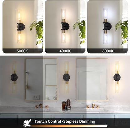 Shenmoyl Set of 2 Wall Sconces, 7800 mAh Battery Operated Wall Sconce with 3 Colors & Remote Control, Black Gold Rechargeable Wall Lamp with Clear Glass Shade for Bedroom, Bathroom, Stairwell, Hallway