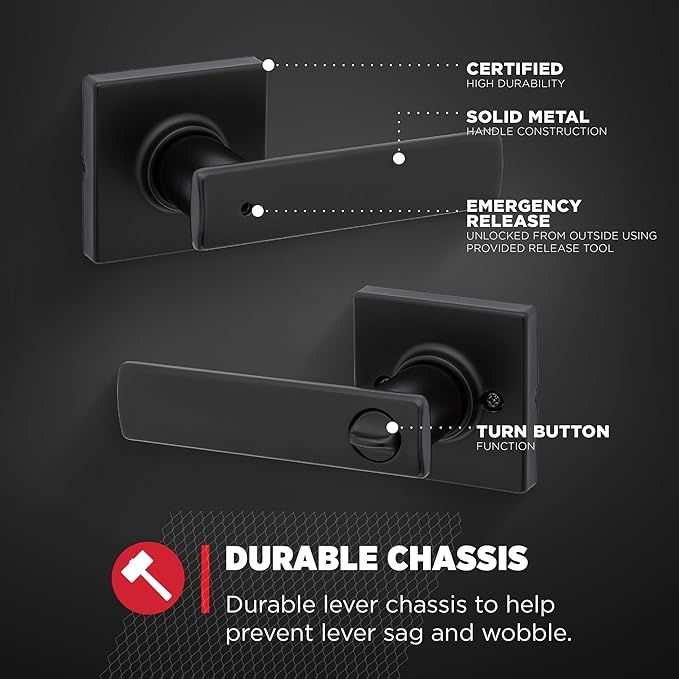 Kwikset Breton Interior Privacy Door Handle with Lock 4 Pack, Door Lever for Bathroom and Bedroom, Matte Black Reversible Keyless Turn Lock, with Microban Protection