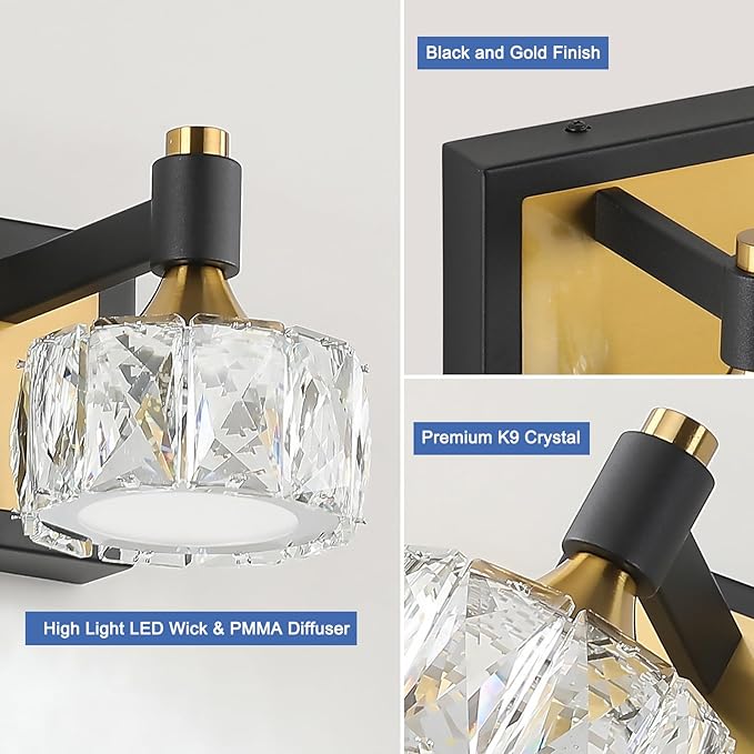 Modern Black Gold Bathroom Vanity Light Fixture 3-Light Dimmable LED Crystal Vanity Light for Over Mirror, Stylish Bath Wall Lights in Black and Gold Finish