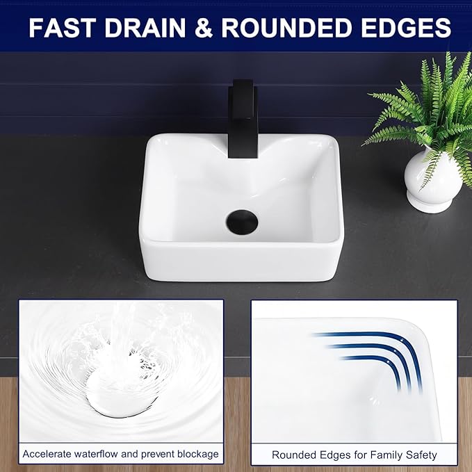 Vessel Sink 16"x12" Rectangular Bathroom Sink Modern White Porcelain Ceramic Above Counter Drop-in Vanity Sink for Bathrooms Art Basin with Faucet Hole