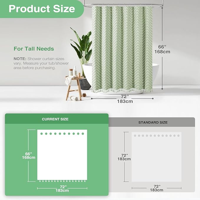 Dynamene Short Shower Curtain and Liner Set - 72 x 66 inch Boho Shower Curtain and Waterproof Clear Liner, Tufted Chevron Striped Tassel Shower Curtains for Bathroom, 12 Hooks, 72x66, Sage Green