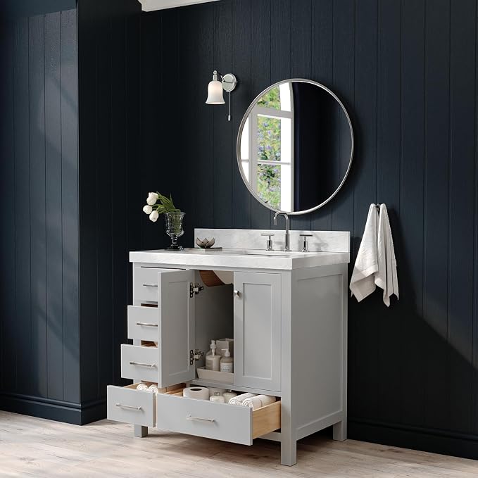 ARIEL Cambridge 36-inch Bathroom Vanity with Sink,Solid Wood, 2-inch Italian Carrara Marble Countertop, Single Rectangular Porcelain Sink, 2 Soft Closing Doors, 5 Dovetail Drawers, Grey