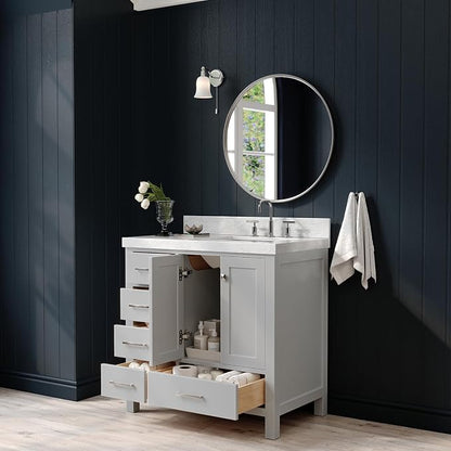 ARIEL Cambridge 36-inch Bathroom Vanity with Sink,Solid Wood, 2-inch Italian Carrara Marble Countertop, Single Rectangular Porcelain Sink, 2 Soft Closing Doors, 5 Dovetail Drawers, Grey