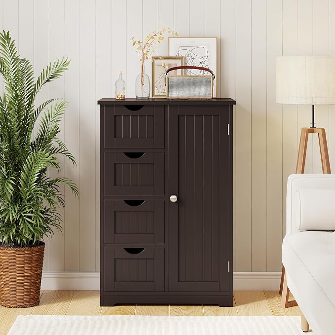 Giantex Bathroom Storage Cabinet with Drawers - 4 Drawer Storage Organizer w/Cupboard, Adjustable Shelf, Anti-Toppling Device, Entryway Storage Unit Console Table, Bathroom Floor Cabinet (Brown)