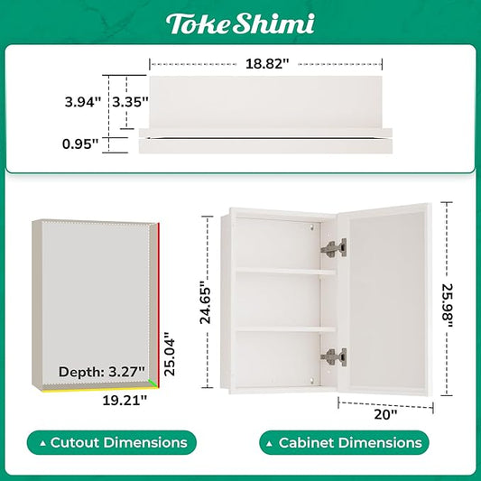 TokeShimi 20 x 26 Recessed Medicine Cabinet with Mirror Surface Mounted, Metal Beveled Mirror with Storage for Bathroom Vanity, Aluminum Alloy White Medicine Cabinet Mirrored