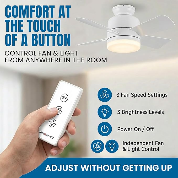 SOCKET BREEZE 15.4" Socket Fan Light Celing Fan with Remote Control | 1000 Lumens, 3 Speed & Light Modes, Portable Easy to Install Ceiling Fans Replacement for Bedroom, Bathroom, Living Room