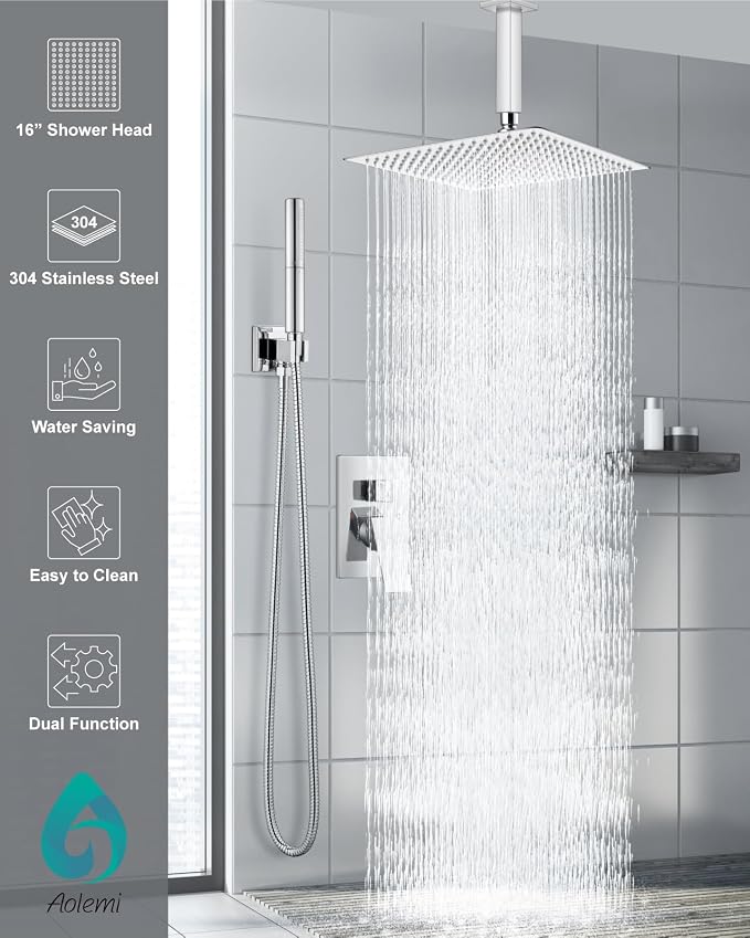 Aolemi Shower System with Rain Head and Handheld,16-Inch,Polish Chrome | High-Pressure Shower Faucet Set with Dual-Function Handheld,Rough-In Valve,1.8 GPM,Ceiling Mount Trim Kit