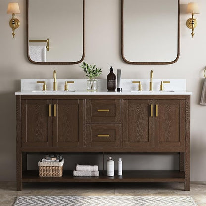 60 Inch Bathroom Vanity with Double Sink, Walnut | Farmhouse Bathroom Vanity with 2 Dovetail Drawers & Open Shelf, Engineered Stone Countertop with Backsplash, Fully Assembled
