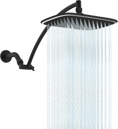 10" Rain Shower Head with 16" Metal Extension Arm, High-Pressure Showerhead | Black, Boosting Rainfall/Fixed Showerhead, Stainless Steel Shower Extender Adjustable Height/Angle, Easy 1-Min Installation