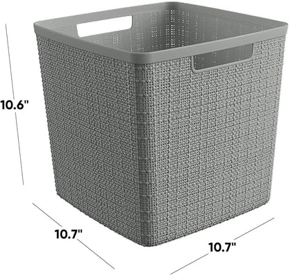 Curver Set of 4 Large Cube 17L Jute Decorative Plastic Organization and Storage Baskets - Perfect Bins for Home Office, Closet Shelves, Kitchen Pantry and All Bedroom Essentials, Grey