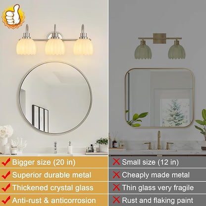 Bathroom Light Fixtures(3-Light, 20 Inch), Brushed Nickel Vanity Lights for Bathroom with Ribbed White Tulip Glass Shade, Vintage Vanity Wall Lights for Mirror Bedroom Living Room Hallway
