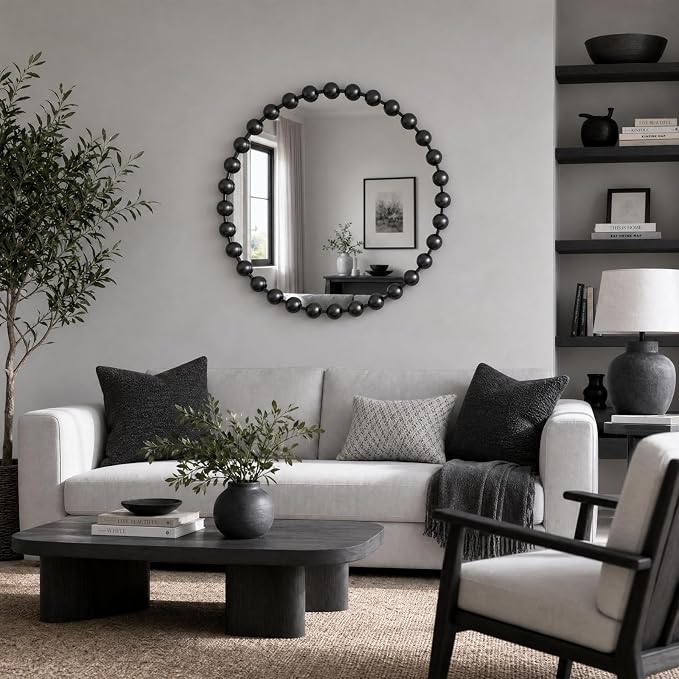 Madison Park 27 inch Black Round Mirror, Round Mirrors for Wall Decor, Metal Frame Circle Mirror for Bathroom, Living Room, Round Wall Metal Art Mirror