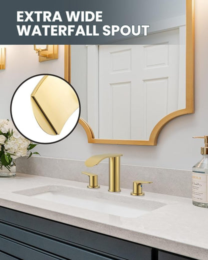WOWOW Waterfall Bathroom Faucet 3 Holes 8Inch Widespread Bathroom Sink Faucet, Two Handles Lavatory Vanity Sink Faucets with Pop-up Drain & Supply Hoses, Modern Faucet Mixer Taps Gold