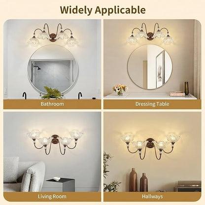Antique Red Bronze Finish Bathroom Vanity Light, 4-Light Vintage Vanity Light with Floral Clear Glass Shades, Retro Wall Mount Lighting for Bathroom, Dressing Table