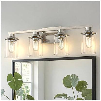 DORESshop 4-Light Vanity Light Fixtures, Nickel Bathroom Light Fixtures Over Mirror with Clear Glass Shade, Modern Vanity Lights for Living Room Bedroom