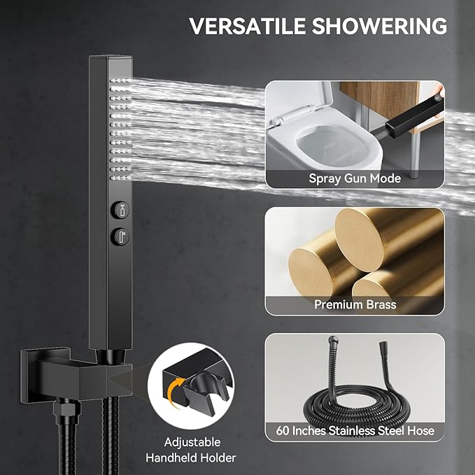 Shower System with Body Jets, Bostingner Four Modes Shower Faucet 12+6" Rain Shower Head with Handheld Spray 2 Ways, 4Pcs Shower Jets System in Wall Shower Faucet Sets Complete, Matte Black