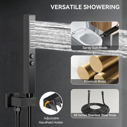 Shower System with Body Jets, Bostingner Four Modes Shower Faucet 12+6" Rain Shower Head with Handheld Spray 2 Ways, 4Pcs Shower Jets System in Wall Shower Faucet Sets Complete, Matte Black