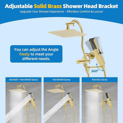 Hibbent All Metal cUPC Certified Shower Head, 10'' High Pressure Rainfall Shower Head Combo, Handheld Shower Wand, 12'' Adjustable Extension Arm, 4-Spray, 71'' Hose, Shower Holder, Brushed Gold