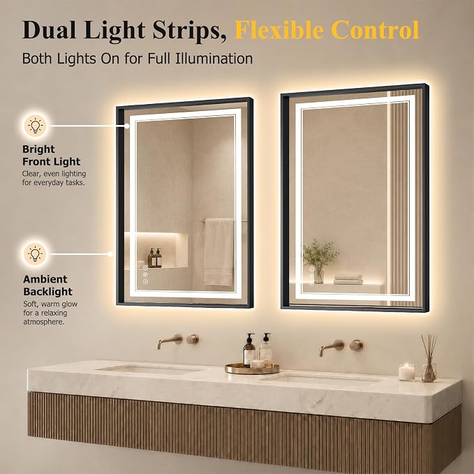 24"x36" LED Bathroom Mirror with Lights, Backlit + Front Lit, Anti-Fog | Lighted Bathroom Mirror with One-Piece Aluminum Alloy Frame, HD Shatterproof Tempered Glass, Dimmable, Memory Function