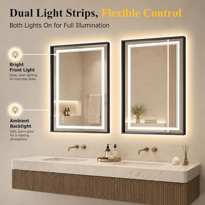 24"x36" LED Bathroom Mirror with Lights, Backlit + Front Lit, Anti-Fog | Lighted Bathroom Mirror with One-Piece Aluminum Alloy Frame, HD Shatterproof Tempered Glass, Dimmable, Memory Function
