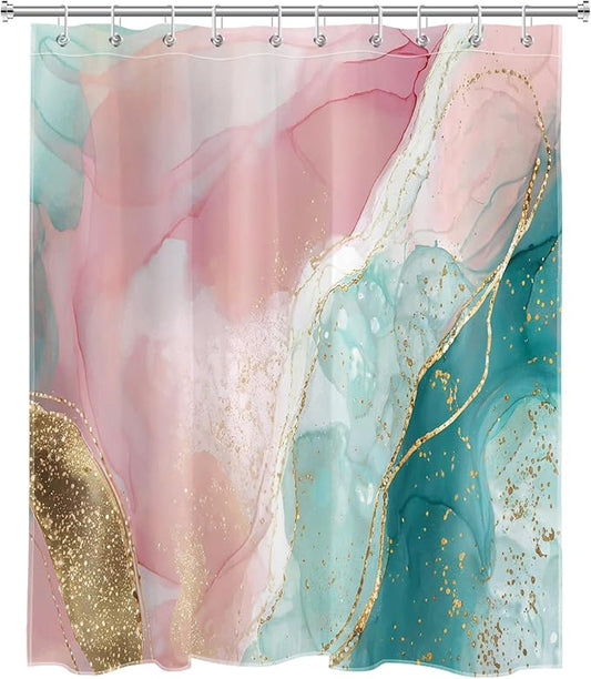 HVEST Pink and Gold Marble Small Shower Curtain for Bathroom Decor, Green Abstract Marble Luxury Textured Long Shower Curtain Modern Minimalist Shower Curtain with Hooks, 72L X 48W inches