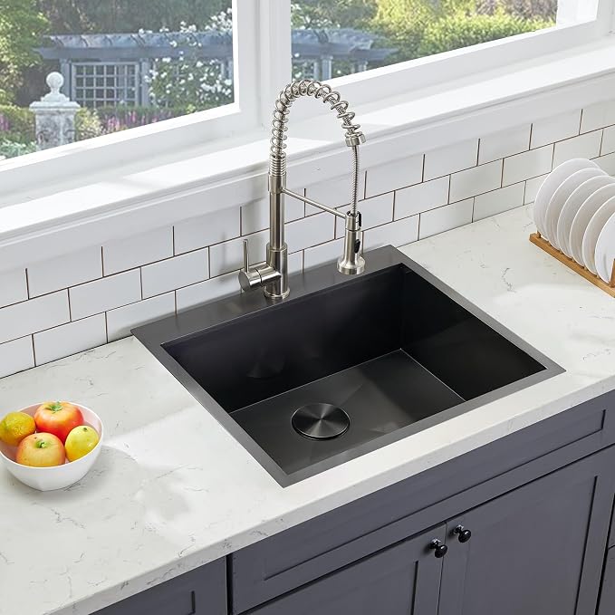 22x18 Inch Black Drop In Kitchen Sink, 22 Inch Gunmetal Black Outdoor Bar Sink, 16 Gauge Stainless Steel Single Bowl Small Kitchen Sink with Strainer Drain