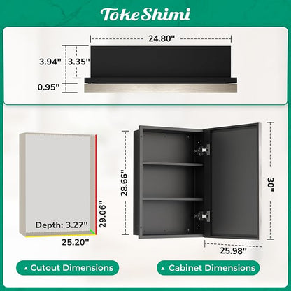 TokeShimi 26x30 Recessed or Surface Mounted Medicine Cabinet Mirror, Aluminum Framed Metal Mirror with Storage Adjustable, Brushed Nickel Bathroom Medicine Cabinet Mirrored Beveled Modern