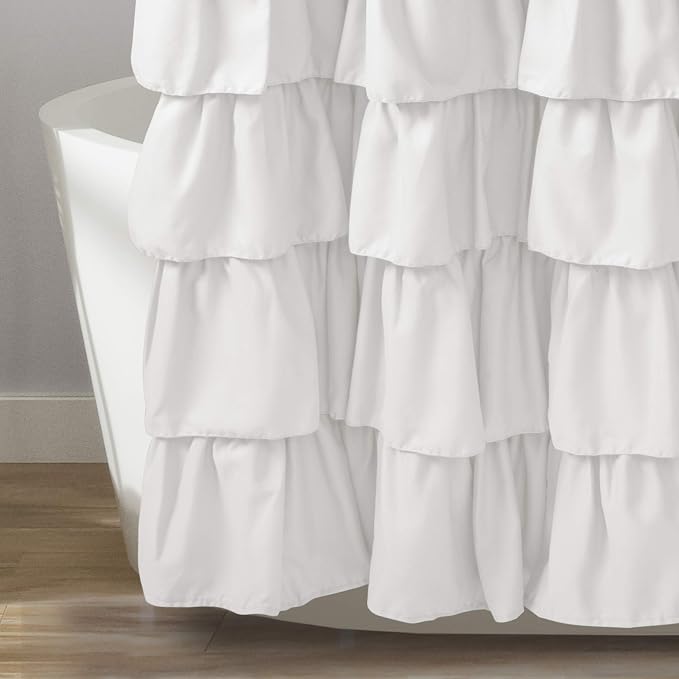 Lush Decor Ruffle Shower Curtain | Floral Textured Vintage Chic Farmhouse Style Design, White, 72" x 72"