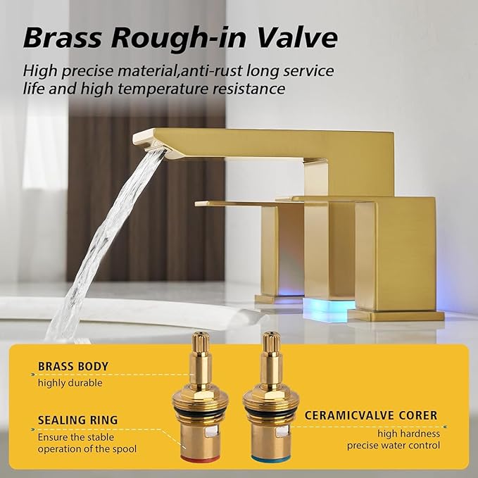BESy Led 3 Hole Bathroom Sink Faucet, Brushed Gold Waterfall Wide Spread with 3 Colors Light Changing, Widespread Vanity Faucet 2 Handle with Supply Lines