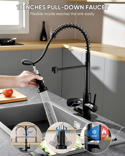 OWOFAN Kitchen Faucet with Cup Washer Pull Down Sprayer Stainless Steel Kitchen Sink Faucet with Deck Plate Glass Rinser Single Hole Black