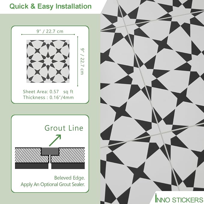 16-Sheet Peel and Stick Floor and Wall Tile for Bathroom Kitchen Shower, 9" x 9" Marrakech SPC Self-Adhesive Vinyl Flooring, Patterned Groutable Backsplash Tile, Cover 9.12 Sq Ft.
