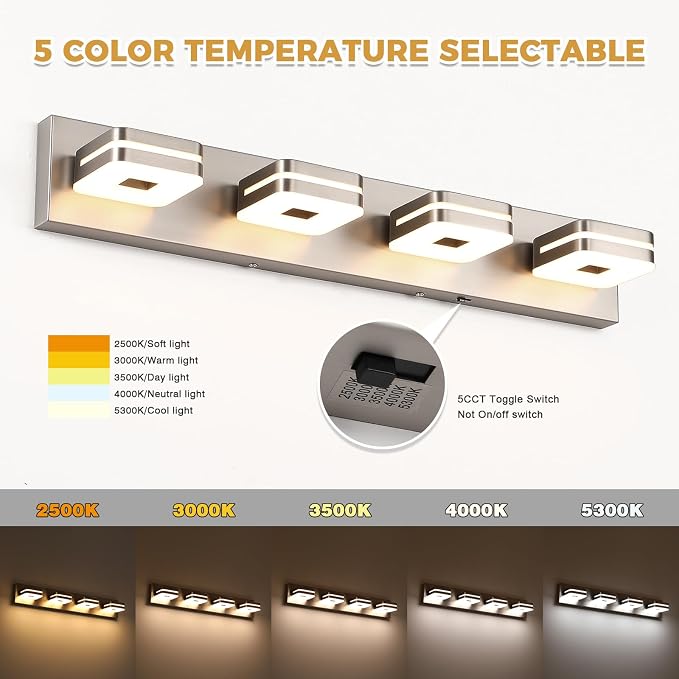 Modern Bathroom Vanity Light Fixture, 5CCT Dimmable LED Wall Sconce, Brushed Nickel Vanity Lights for Mirror, 4-Light Acrylic Bathroom Light Fixtures Over Sink, Indoor Restroom