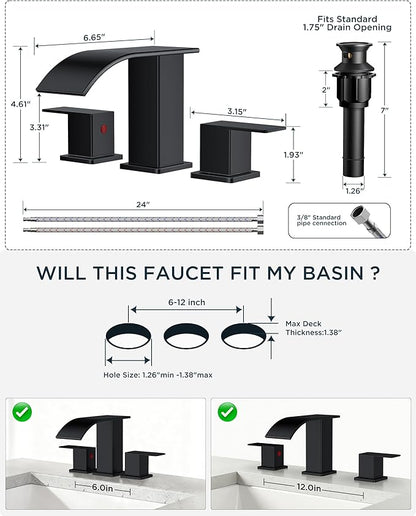 FORIOUS Square Matte Black Bathroom Faucets 3 Hole, Waterfall 8 Inch Widespread Bathroom Sink Faucet with Metal Pop-up Drain and Supply Lines, Two Handles for Vanity, RV, Farmhouse