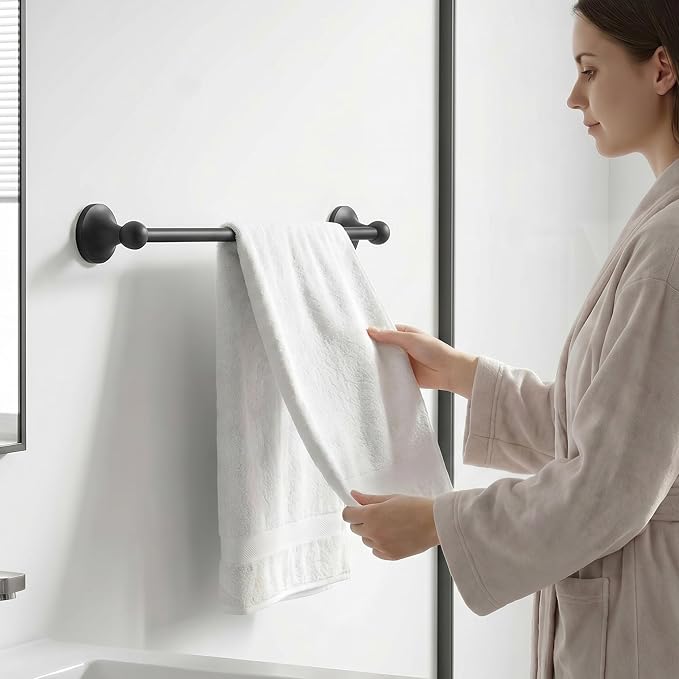 24-Inch Wall Mounted Towel Racks for Bathroom – Space Saver 4-Piece Durable Stainless Steel Bathroom Hardware Set with Towel Bar, Towel Ring, Toilet Paper Holder & Hook, Matte Black