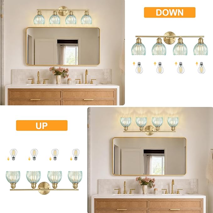 Bathroom Light Fixtures, 4-Light Brushed Gold Vanity Lights for Bathroom with Blue Tulip Glass Shade, 26" Vintage Bathroom Vanity Lighting Fixtures Over Mirror for Bedroom Living Room Hallway