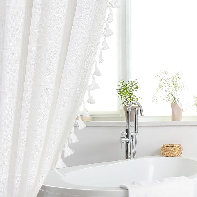 Small Stall Boho Farmhouse Shower Curtain for Bathroom 36x72 | Narrow Half French Country Plaid Tassel Shower Curtain, Rustic Aesthetic Bathroom Decor Windows Curtain, White