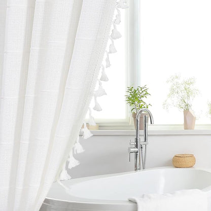 Long Boho Farmhouse Shower Curtain for Bathroom 72x78 | Long French Country Plaid Tassel Shower Curtain, Rustic Aesthetic Bathroom Decor Windows Curtain, White