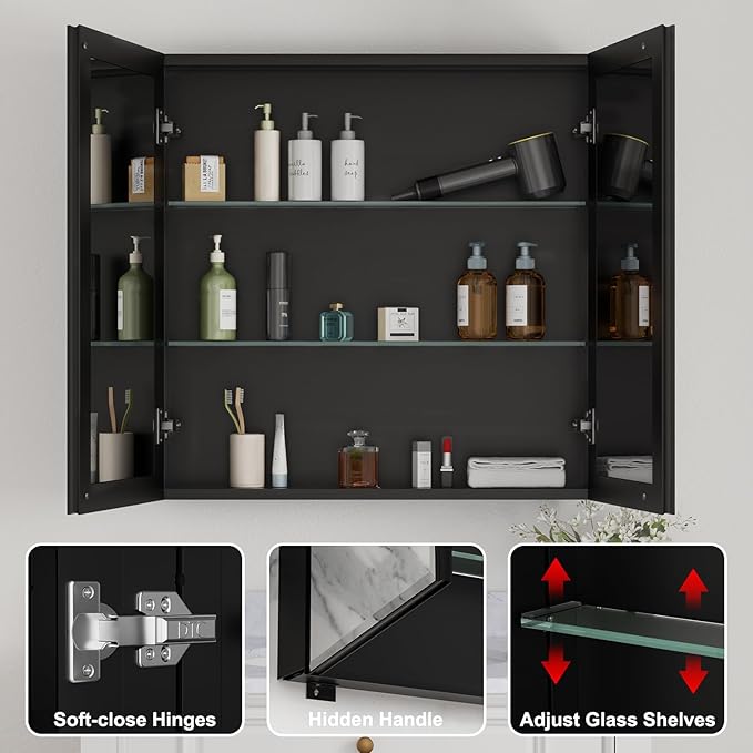 30x30 Inch Medicine Cabinet with Mirror, Aluminum Bathroom Mirror Cabinet, Beveled Edge Mirrored Double Door, Adjustable Shelves, Surface or Recessed Mount Mirrors with Storage,Black